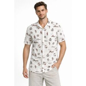 Banks Journal Mens White Short Sleeve Button Down Shirt Tropical Print Size M